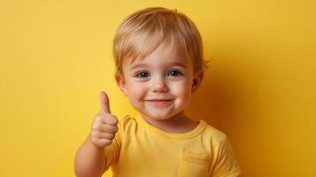 A cheerful young child smiles at the camera, giving a thumbs up against a solid yellow backdrop. The subject is bright and positive. photo