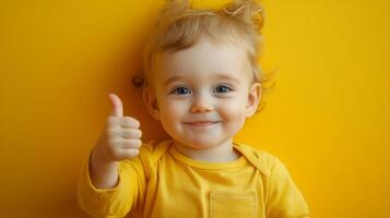 Adorable baby gives a thumbs up, radiating pure joy and positivity against a bright yellow backdrop. Happiness captured in a single gesture. photo