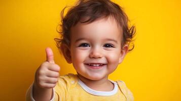 Adorable toddler with a bright smile and a thumbs up on a vibrant yellow backdrop, radiating positivity and happiness. Childlike innocence. photo