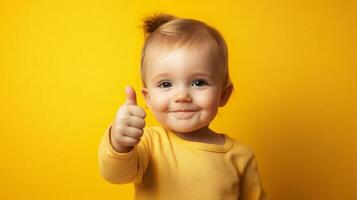 Adorable toddler gives a thumbs-up on a sunny yellow backdrop, radiating positivity and happiness with a cute, playful gesture. photo
