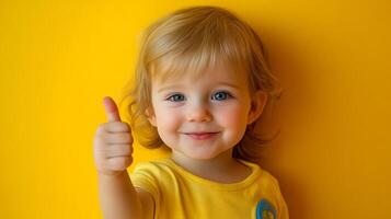 Cheerful toddler gives a thumbs up in front of a bright yellow background, radiating positivity and happiness. Cute blond hair and blue eyes photo