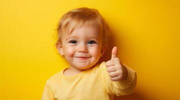 Cheerful toddler with blonde hair gives a thumbs-up against a vibrant yellow backdrop, radiating positivity and happiness. Perfect for various themes. photo