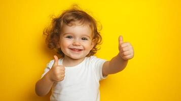Happy toddler gives two thumbs up on bright background. Cheerful kid shows approval. Child expresses joy and optimism. photo