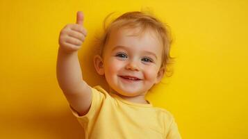 Happy toddler gives a thumbs up on vibrant yellow backdrop. Expressive child with curly hair and cheerful smile conveys positivity. photo
