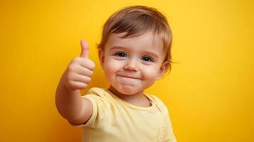 A cheerful baby, with a big smile on their face and a 'thumbs up' gesture, against a sunny yellow background. Innocence and positivity radiates. photo