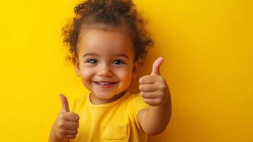 Happy toddler smiles and gives two thumbs up against a bright yellow background, radiating positivity and joy in a simple, cheerful portrait. photo