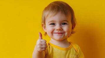 Cheerful toddler with a big smile, giving a thumbs-up on bright yellow backdrop conveying positivity, success, and happiness. photo