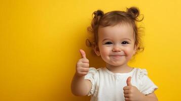 Cheerful baby girl on yellow background, smiling and giving two thumbs up, embodying happiness, positivity, and early childhood joy. photo