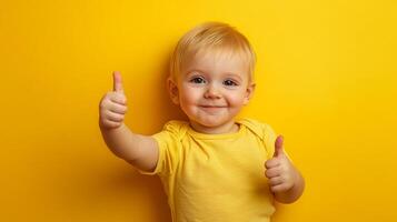 A cheerful toddler with blonde hair gives two thumbs up in front of a bright yellow background, radiating positivity and happiness. photo
