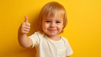 Happy toddler gives a thumbs up against a bright yellow background, radiating positivity and conveying a sense of approval and confidence. photo