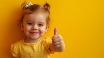 Adorable toddler with a bright smile giving a thumbs up gesture, radiating positivity and cheerfulness against a vibrant yellow backdrop. photo