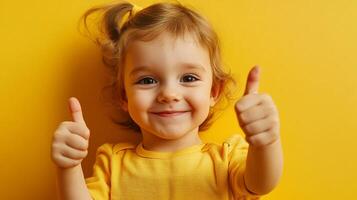 Happy toddler giving thumbs up against a solid yellow background. She is wearing a matching bright yellow t-shirt. This cute girl is smiling. photo