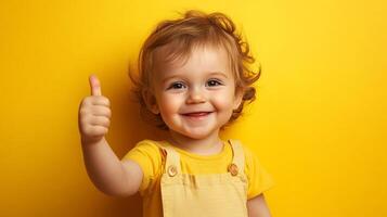 Cute toddler smiles, giving a thumbs up on a yellow background. The child is adorable with light hair and wearing yellow overalls. photo