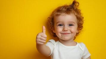 A cheerful young child with red hair smiles brightly, giving a thumbs up against a vibrant yellow backdrop. Pure joy and positivity radiate. photo