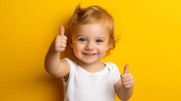 Adorable toddler gives two thumbs up with a bright smile, set against a vibrant yellow background. photo