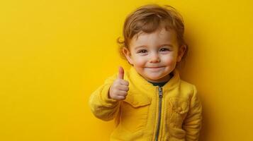 A smiling toddler in a yellow jacket gives a thumbs up against a bright yellow background, showing approval and positivity. photo