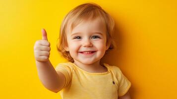Cheerful toddler with a radiant smile and a thumbs-up gesture against a bright yellow backdrop, radiating happiness and positivity. photo