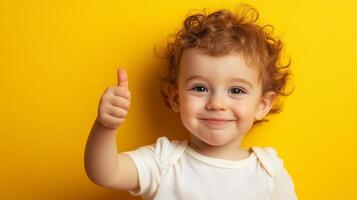 A joyful toddler with curly red hair gives a thumbs up on a sunny yellow background, radiating positivity and cuteness in a simple studio shot. photo