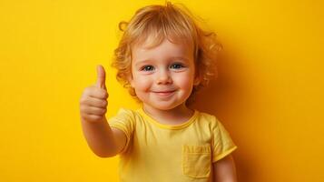 Happy toddler with blonde curls giving a thumbs-up on a yellow background, radiating joy and positivity in a simple studio shot. photo