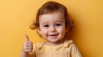 Adorable toddler with a joyful expression, giving a thumbs-up against a bright yellow backdrop. Positive and happy energy radiates from the child. photo