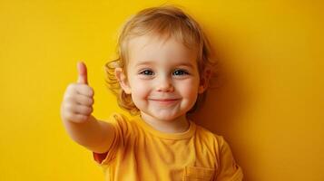Cute toddler giving thumbs up with a bright smile, radiating positivity and cheerful energy against a vibrant, sunny backdrop. photo
