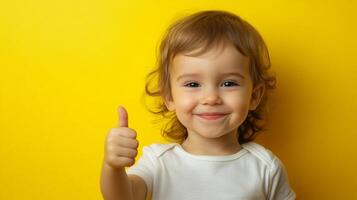 Smiling toddler with curly hair gives a thumbs-up against a bright yellow background. Optimism and positivity in childhood portrait photo