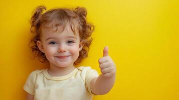 Cheerful toddler gives a thumbs-up on yellow backdrop, radiating pure joy and positivity with a delightful expression and curly hair. photo
