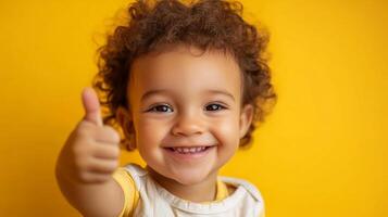 Happy toddler gives a thumbs up. The child has curly hair and is smiling in front of a bright yellow background. photo
