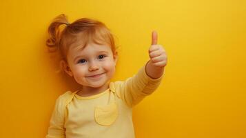 Adorable little girl with ginger hair giving a thumbs up against a bright yellow backdrop, radiating positivity and cheerful affirmation. photo