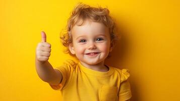 Cheerful child gives a thumbs up on a bright yellow background, conveying positive emotions. The golden tones create a warm and inviting atmosphere. photo
