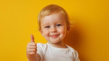 Blonde toddler gives a thumbs-up, cheerful expression, yellow background, symbolizes positivity, agreement, and happy childhood memories. photo