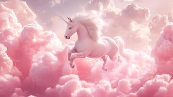 A graceful unicorn leaps through pastel pink clouds, a mythical creature in a dreamy, ethereal realm. Symbolizing purity and magic. photo