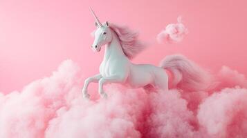 Majestic unicorn prances amidst soft pink clouds, its horn gleaming, embodying fantasy and dreams against a pastel backdrop. photo