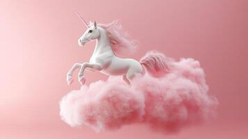 A rearing unicorn on a pink cloud with a pink background evokes magical fairytale themes. The scene is surreal and whimsical. photo