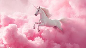 Majestic white unicorn leaps through ethereal pink clouds, a vision of fantasy and grace, its horn gleaming under soft, dreamy light. photo