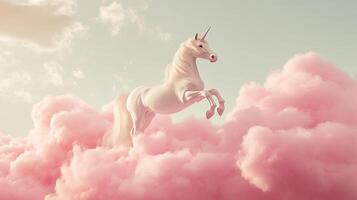 Ethereal unicorn leaps from pink clouds against a dreamy sky, embodying fantasy and grace in a whimsical celestial scene. photo