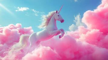 Majestic unicorn soaring through a dreamlike sky filled with soft, pink clouds. A symbol of magic and wonder in a vibrant, pastel world. photo