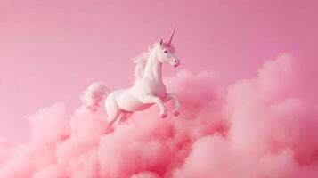 A whimsical white unicorn with a pink horn leaps through fluffy pink clouds, creating a dreamy and magical scene on a pink backdrop. photo