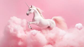 A majestic white unicorn leaps through fluffy pink clouds against a pink background, embodying magic and fantasy in a surreal dreamscape. photo