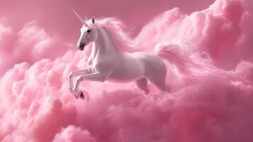 Majestic unicorn leaping through a sea of pink clouds, creating a dreamy and ethereal fantasy scene. Magical creature in pink paradise. photo