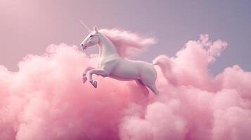 A fantastical depiction of a white unicorn leaping amidst soft, pink clouds beneath a serene, pastel sky. Grace and dreams in one image. photo