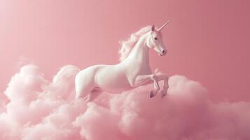 A majestic unicorn leaps through soft pink clouds, its horn gleaming in the gentle light. Fantasy and beauty intertwine in this ethereal scene. photo