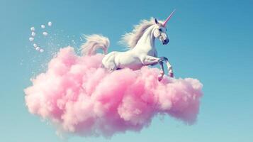 Majestic unicorn prances on a pink cloud against a vibrant blue sky, embodying fantasy and wonder. Hearts and sparkles add a magical touch. photo