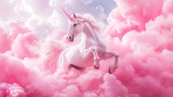 A majestic white unicorn leaps through fluffy pink clouds against a soft sky, embodying magic and grace in a dreamlike scene. photo