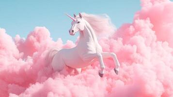 Magical unicorn prancing amidst pink clouds under a serene blue sky, creating a whimsical and ethereal scene. photo