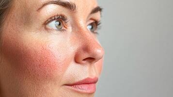 Close-up portrait of a woman showcasing her skin texture, features, and eyes, captured in a well-lit setting against a neutral background. photo
