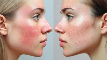Rosacea comparison featuring portraits of the same woman. The image shows differences in skin redness and texture on each side. photo