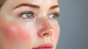 Close-up of a fair-skinned woman with freckles, focusing on her face and rosy cheeks against a simple gray backdrop. Natural beauty emphasized. photo
