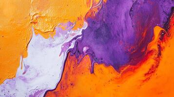 Abstract fluid art with vibrant colors, blending yellow, purple and orange tones in an organic pattern. Texture and color create flow. photo