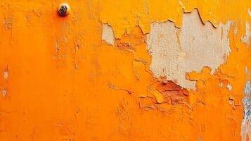 A close up of a vibrant orange wall, showcasing peeling paint layers with a rustic and aged texture. Weathered detail visible. photo